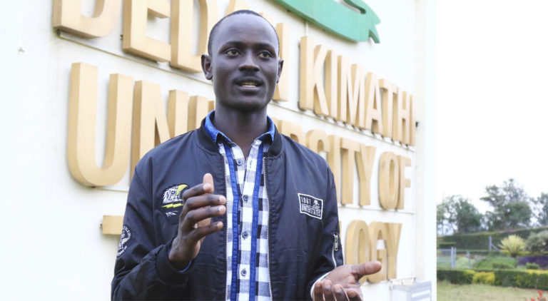 Felix Ouma, a member of the Fairtrade Africa Premium Alumni Association (FAPAA) at his campus- Dedan Kimathi University of Technology in Nyeri, Kenya where he is undertaking his degree in Mechatronics Engineering.
