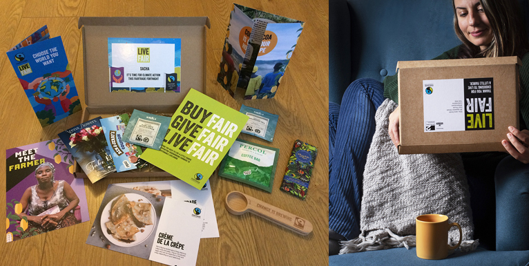 Half of image shows the Live Fair box open with contents (leaflets and coffee spoon) displayed, the other half shows a woman on a cosy sofa opens the Live Fair box