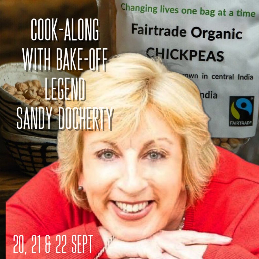 Image of chef Sandy Docherty with details of the upcoming event. 'Cook-along with Bake-Off legend Sandy Docherty. 20, 21 and 22 Sept