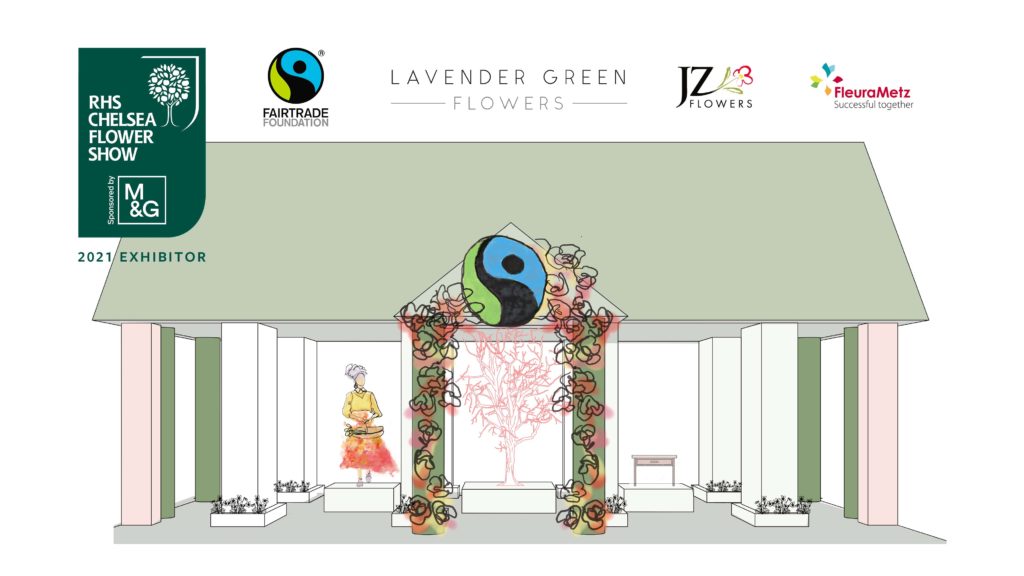 RHS Chelsea flower show - mock up design of the Fairtrade space at Chelsea flower show, with a flower grower stood on one pillar, a tree in the middle pillar, and the FAIRTRADE Mark