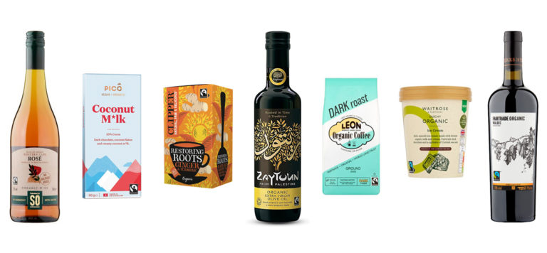 a selection of organic fairtrade products including wine and olive oil