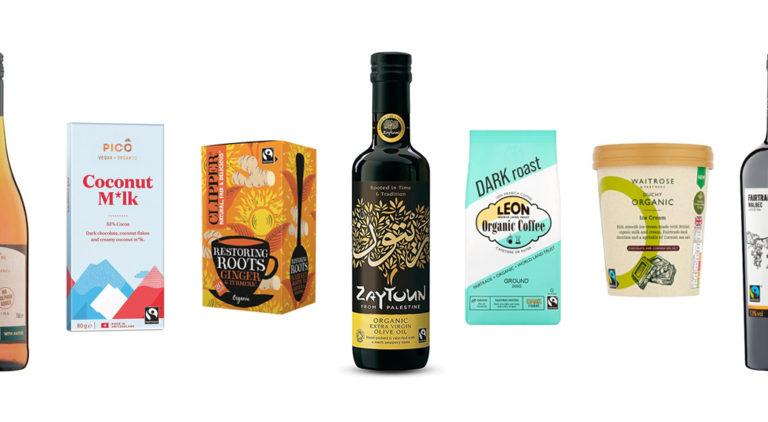 a selection of organic fairtrade products including wine and olive oil