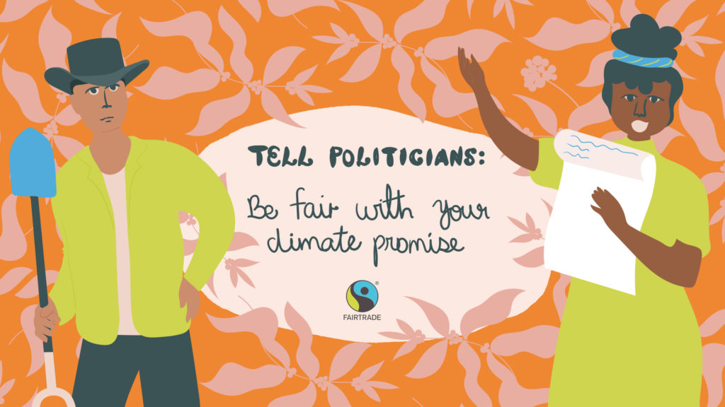 Illustration of a farmer holding a letter and another holding a spade with the words 'politicians, be fair with your climate promise'