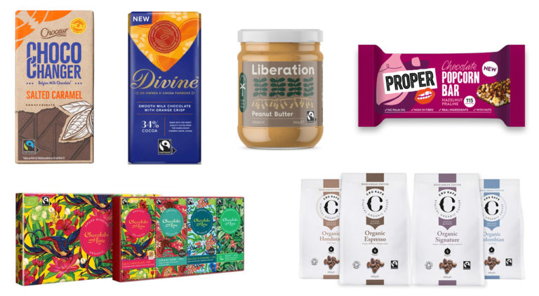 A selection of new Fairtrade products from an Aldi and Tony's Chocolonely collaboration, Divine, Liberation, Proper popcorn, Chocolate and Love, Cru Kafe coffee