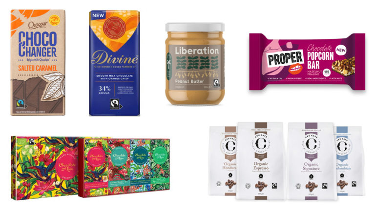 A selection of new Fairtrade products from an Aldi and Tony's Chocolonely collaboration, Divine, Liberation, Proper popcorn, Chocolate and Love, Cru Kafe coffee