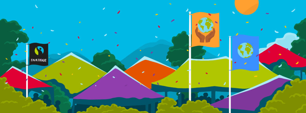 bright coloured illustration of festival tents and flags