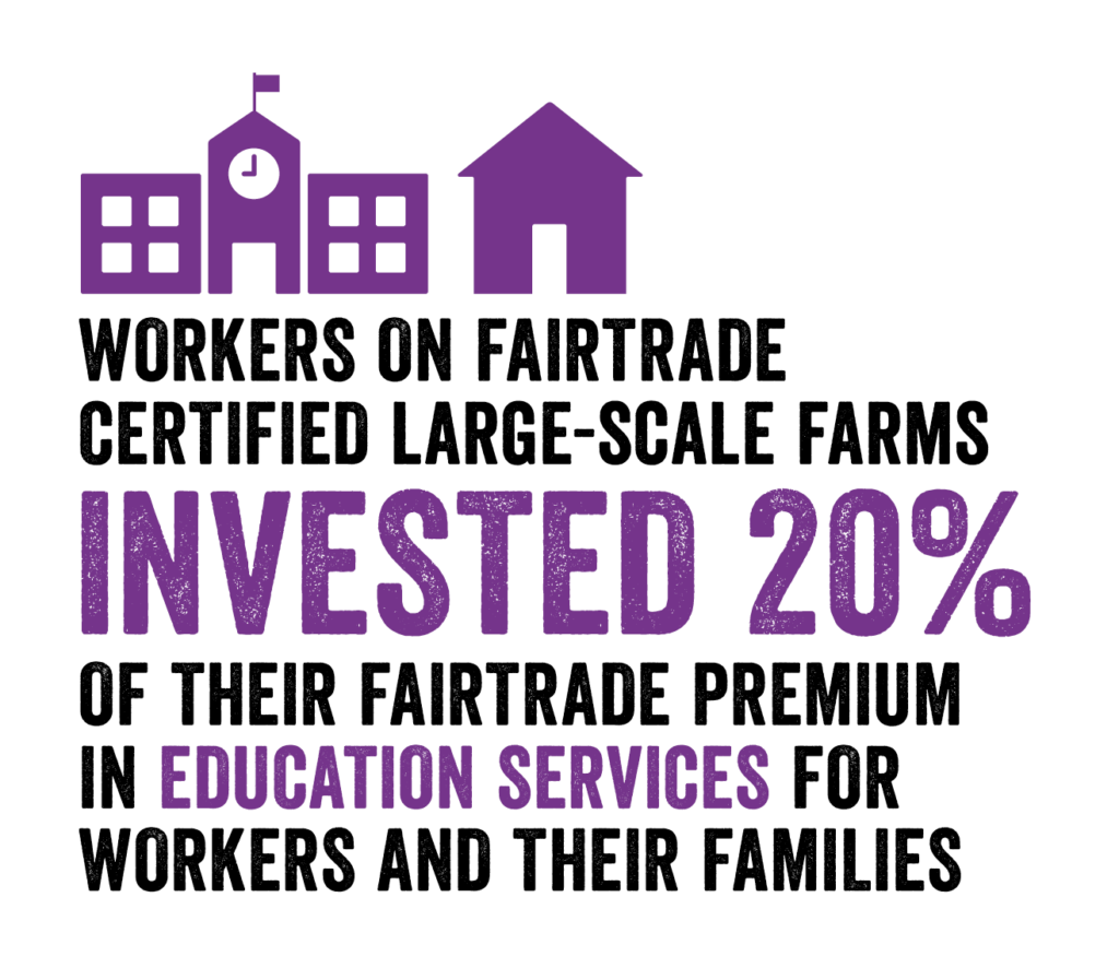 Workers on Fairtrade certified large-scale farms invested 20% of their Fairtrade Premium in education services for workers and their familie