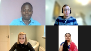 Four young people from around the world on a video call