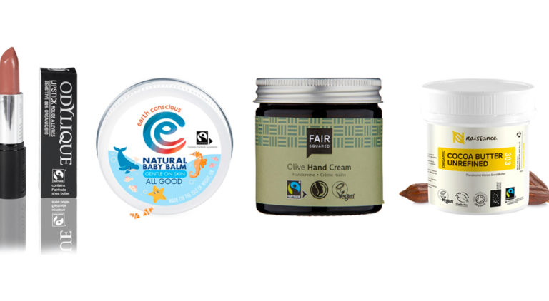 a selection of fairtrade beauty products including lipstick and hand cream
