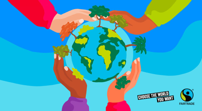 illustration of hands holding a globe with trees growing from it