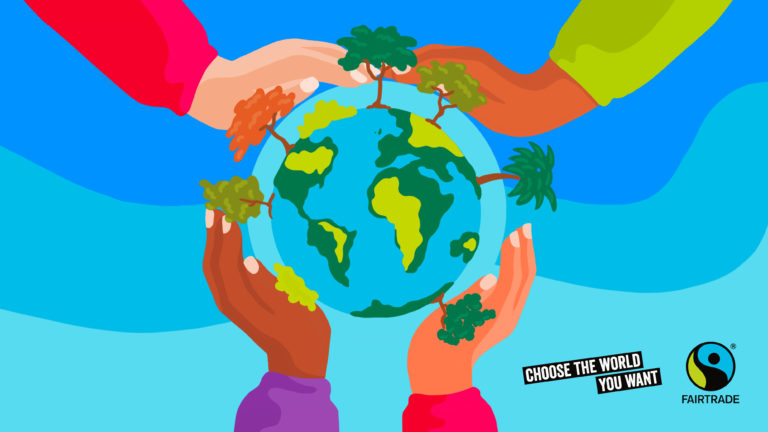 illustration of hands holding a globe with trees growing from it