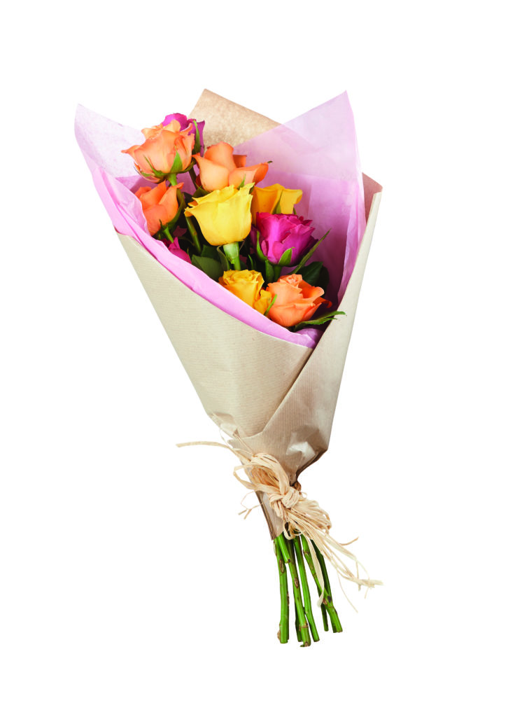 A bunch of yellow, pink and orange Aldi Fairtrade roses