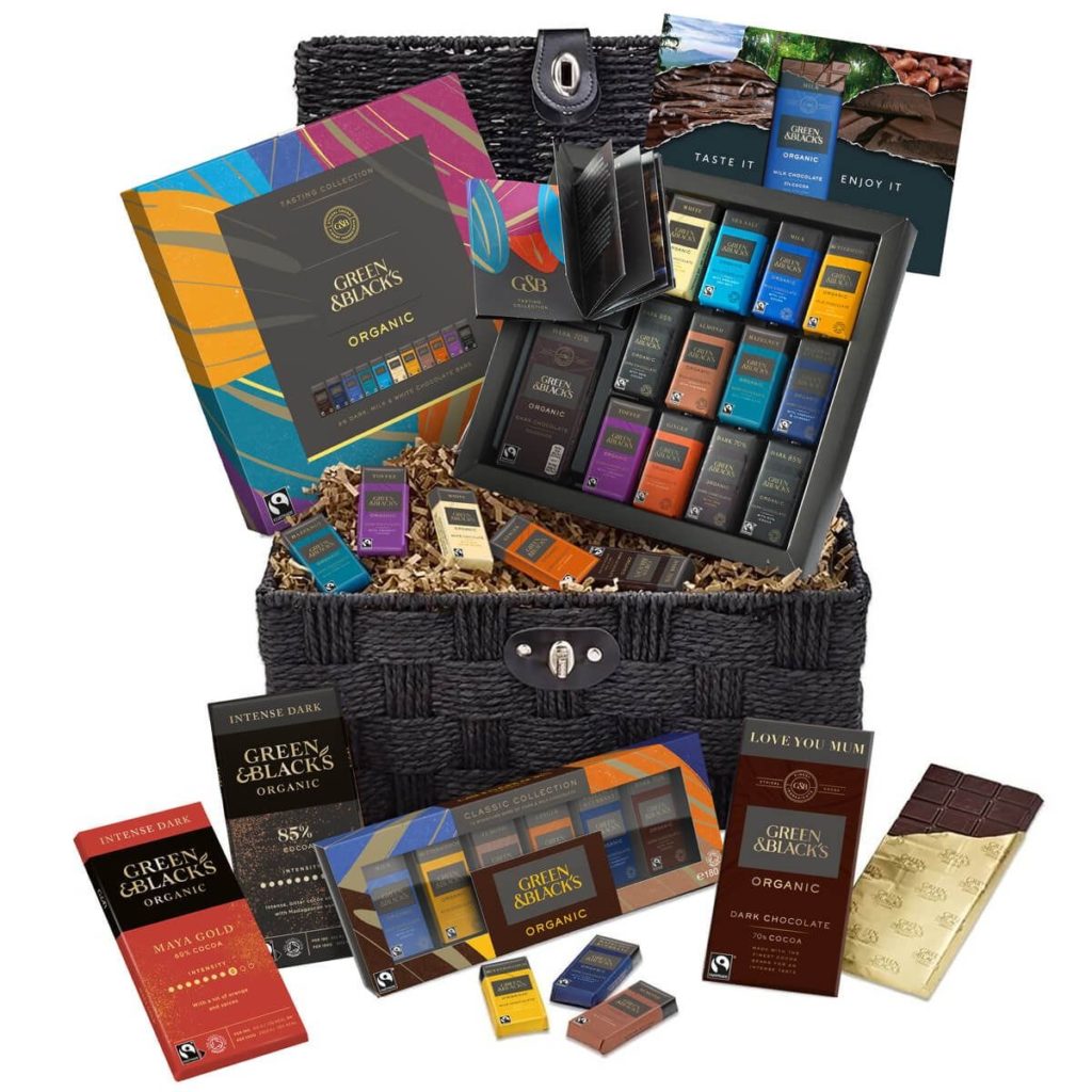 A large selection of Green & Blacks love dark chocolate in a basket  