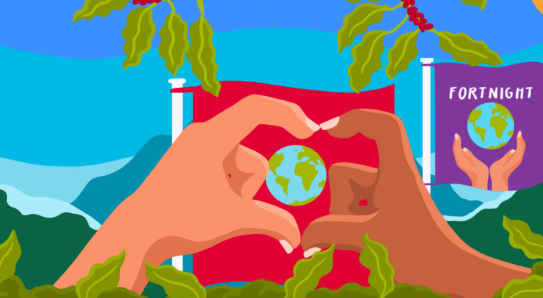 Illustration of hands making a heart shape with festival flags in the background