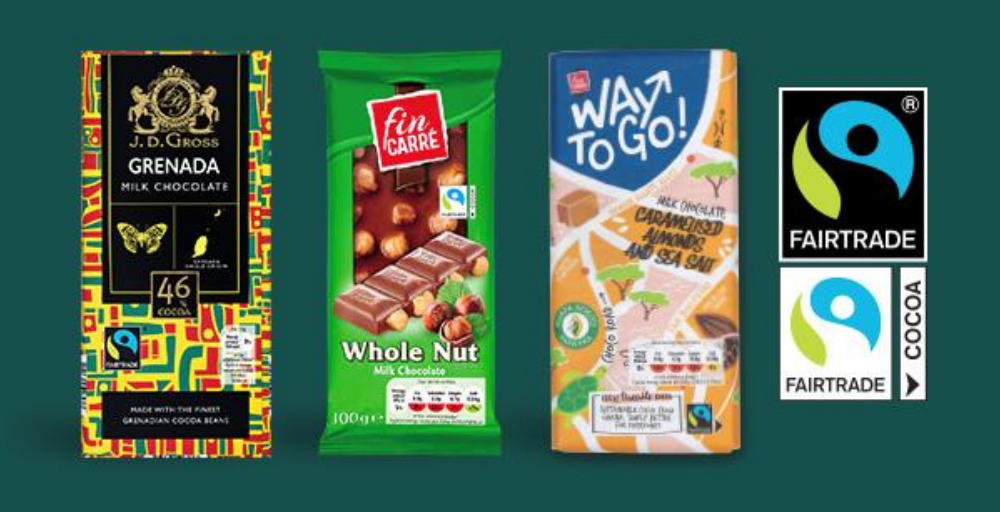 3 different bars of Lidl Fairtrade chocolate next to the Fairtrade Mark