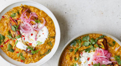 Melissa Hemsley’s Parsnip Dahl topped with Roasted Parsnips and Pink Pickled Onions
