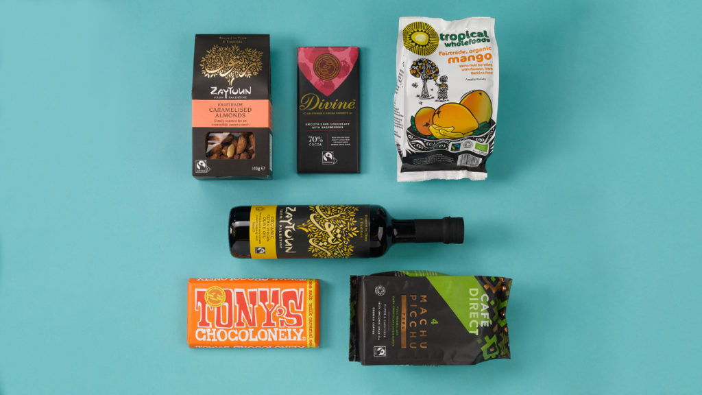 celection of Fairtrade products including olive oil, coffee and nuts