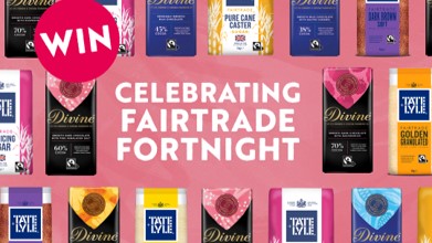 selection of tate & Lyle sugars and Divine chocolate with the words, celebrating fairtrade fortnight