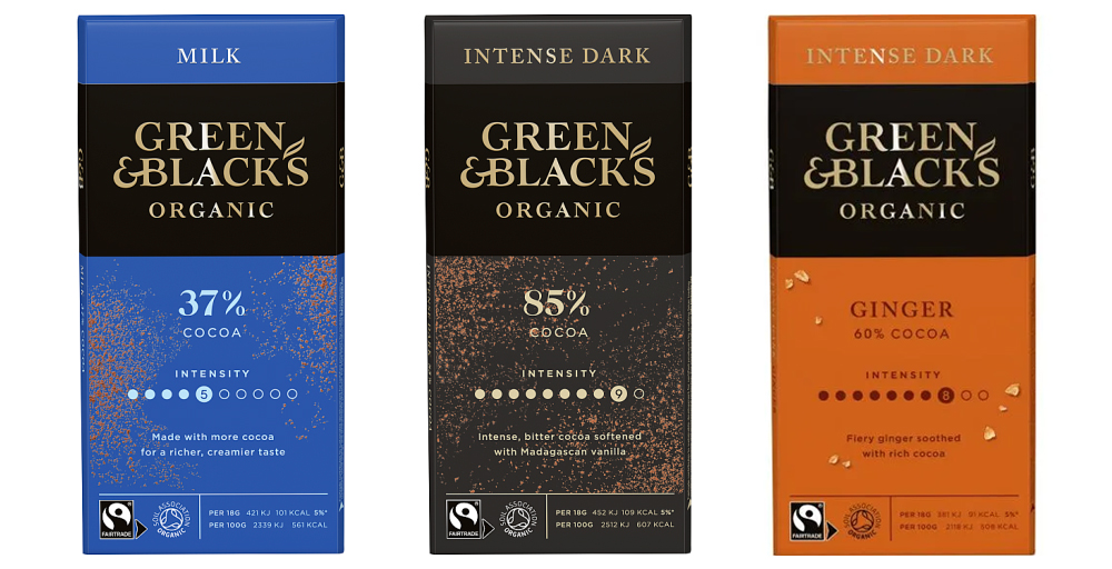 3 bars of green & black's chocolate, milk, dark and ginger