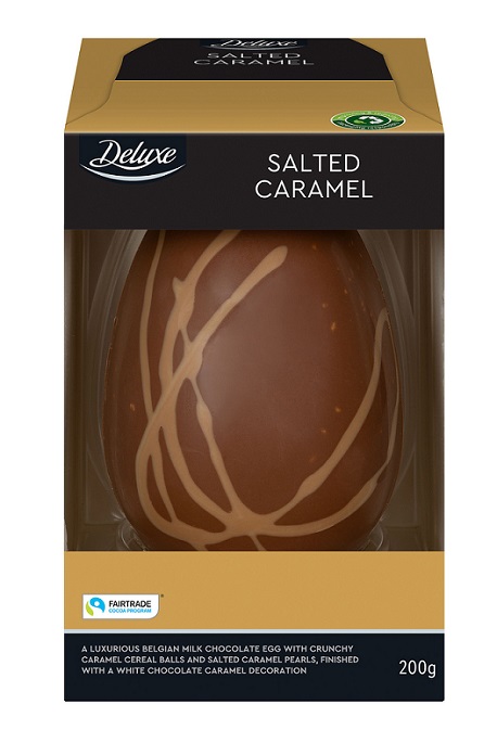 a packaged box of Lidl Deluxe Salted Caramel Belgian chocolate Easter egg