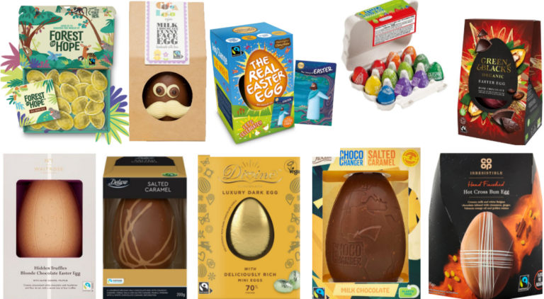 a selection of colourful chocolate Easter eggs in their packaging