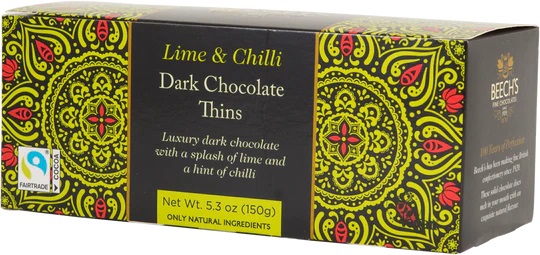 A colourful box of Beech’s Dark Chocolate Lime & Chilli Thins 