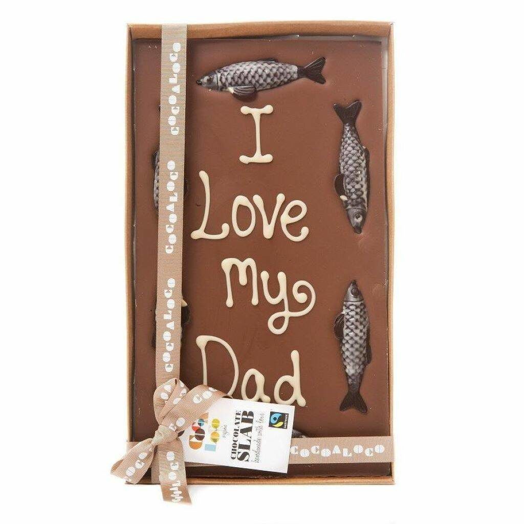 chocolate slab with 'I Love My Dad' in white chocolate surrounded by dark chocolate designed fish