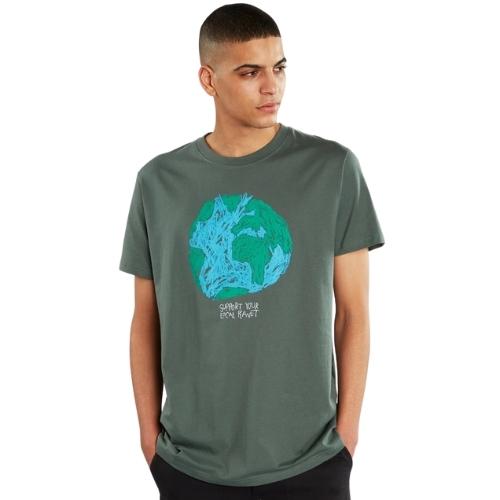young man wearing a forest green t-shirt with a planet earth design and slogan 'Support your local planet'