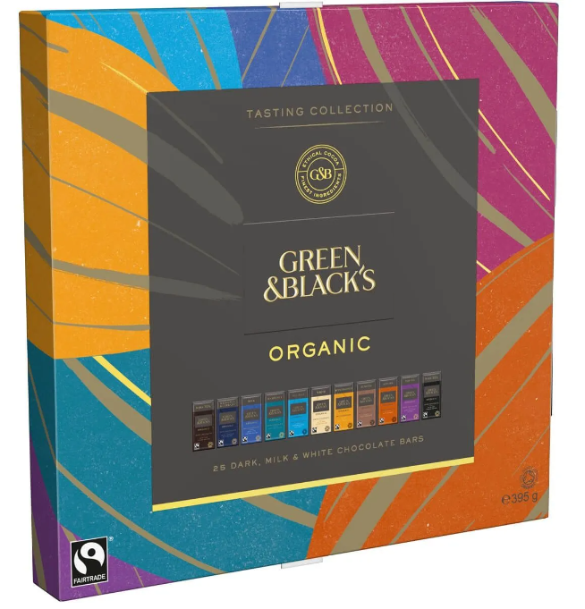 An upright box of Green & Black's Organic Tasting Collection