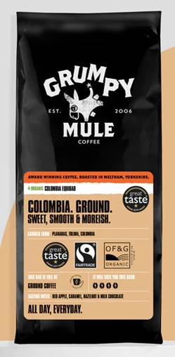 a brown packet of Grumpy Mule coffee