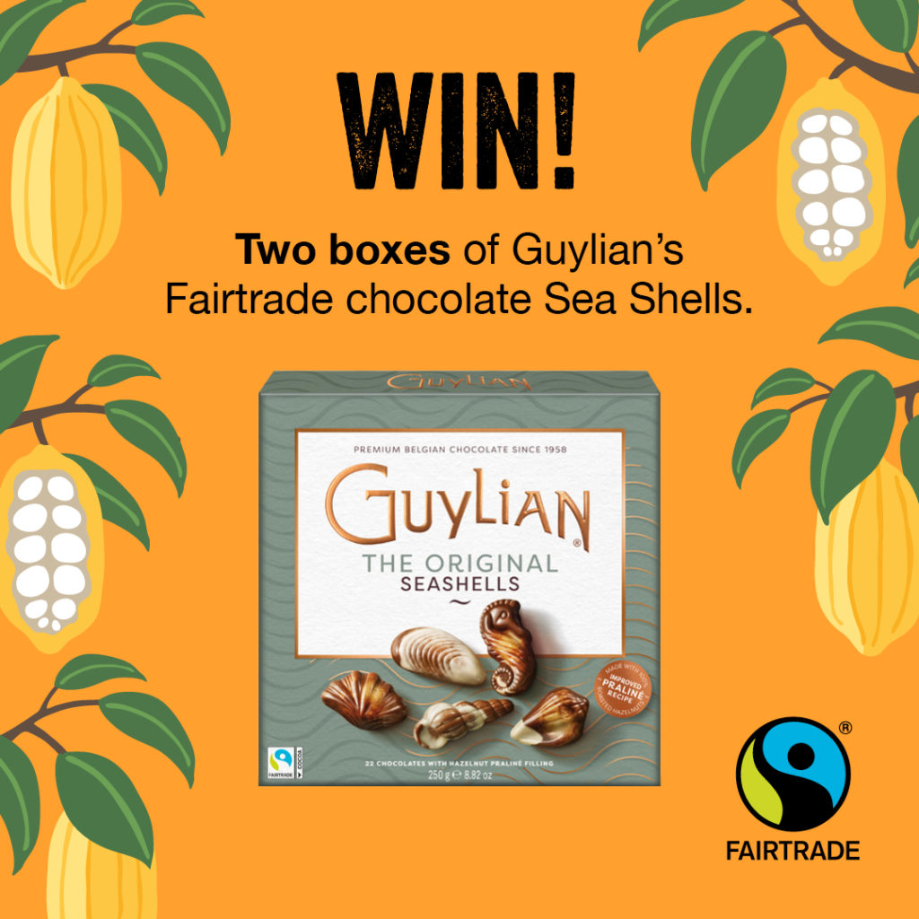 Orange background with illustrated cocoa pods along vertical edges and a box of Guylian Sea Shells in centre. Text reads: Win! Two boxes of Guylian's Fairtrade chocolate Sea Shells.
