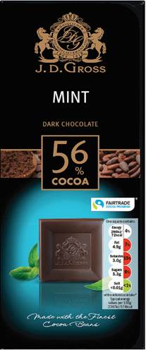 front packaging of Lidl J. D. Gross 56% cocoa Mint Dark chocolate bar