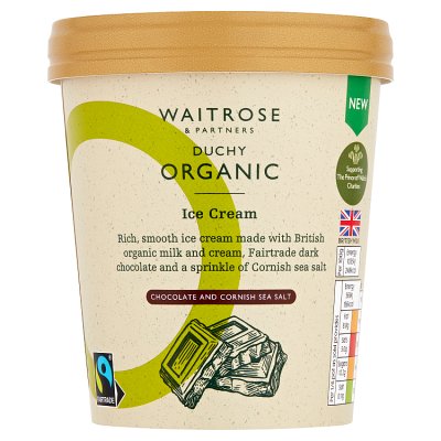 a pot of Waitrose & Partners Duchy Organic Chocolate & Cornish Sea Salt Ice Cream 