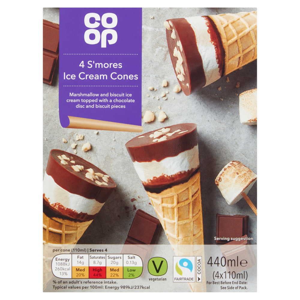 front packaging of Co-op 4 S'mores Ice Cream Cones