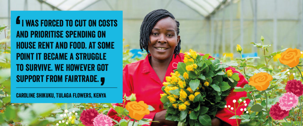 Image of Fairtrade flower grower with quote about how Fairtrade helped during the Covid-19 pandemic.