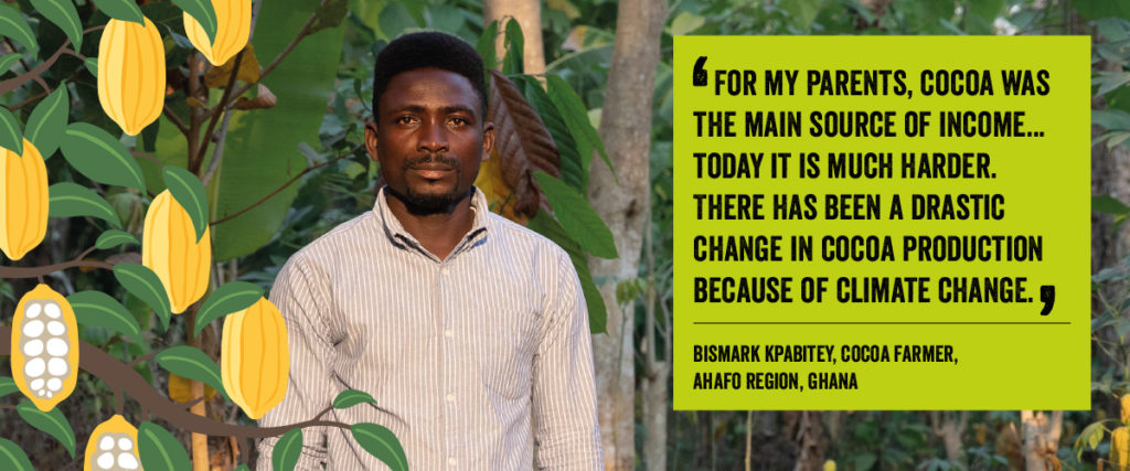 Image of Fairtrade cocoa farmer with illustrations and quote about impact of climate change.