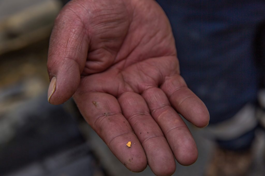 Miner's hand with piece of gold.