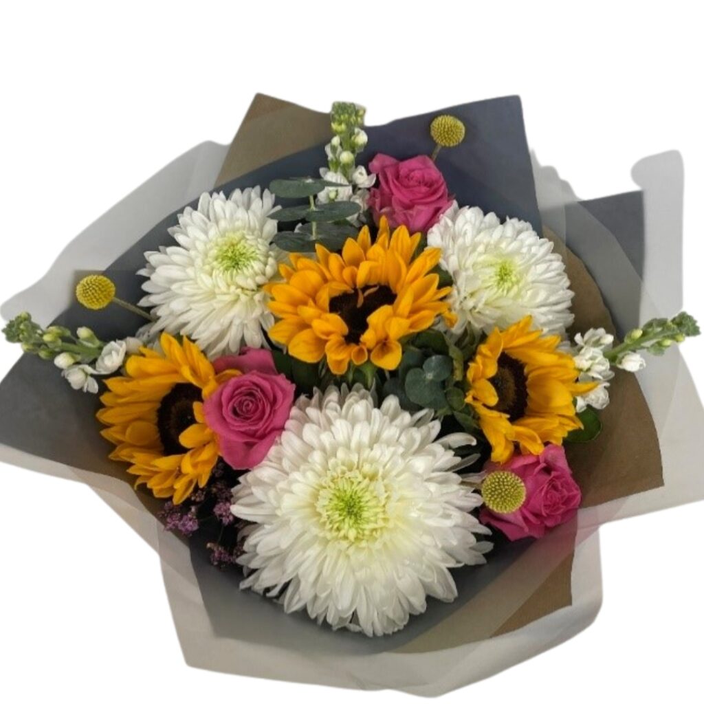 A cheerful bouquet of sunflowers, roses, blooms, stocks, fragrant eucalyptus and Craspedia in their wrapping.